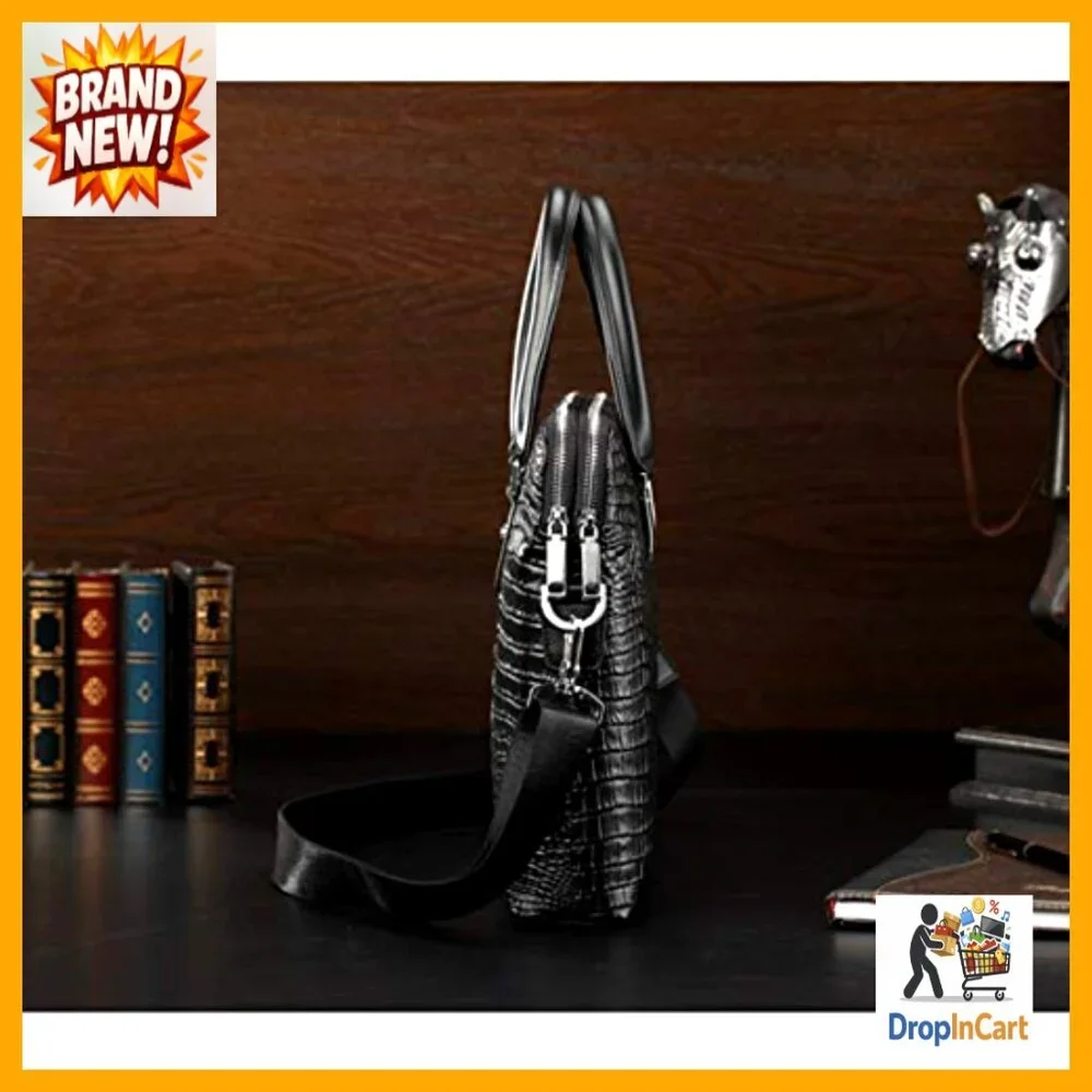 Leather Business Briefcase Classic Crocodile Pattern Handmade Shoulder Bag